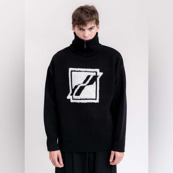 WE11DONE Zip Mock Neck Black White Textured Logo Graphic Men's Sweater Cotton M
